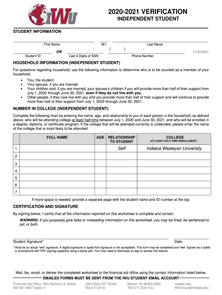  HOUSEHOLD INFORMATION INDEPENDENT STUDENT 2020-2024