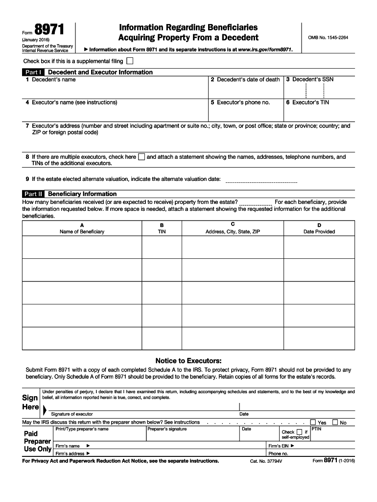  Form 8971 January Information Regarding BeneficiariesAcquiring Property from a Decedent 2016-2024