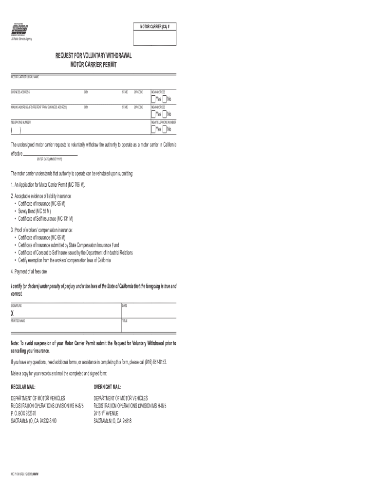  MC 716 M, Request for Voluntary Withdrawal Motor Carrier Permit 2015-2024