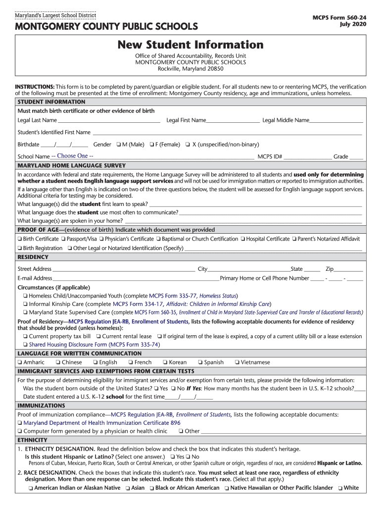  New Student Form 2020-2024