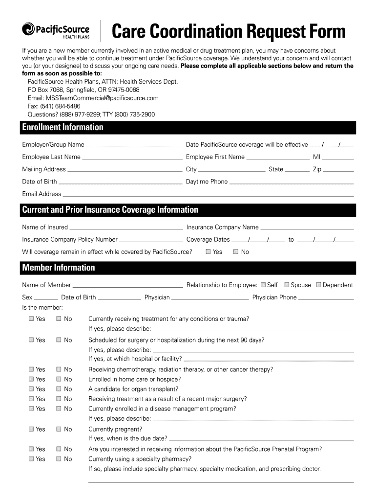 PDF Care Coordination Request Form Oregon PacificSource