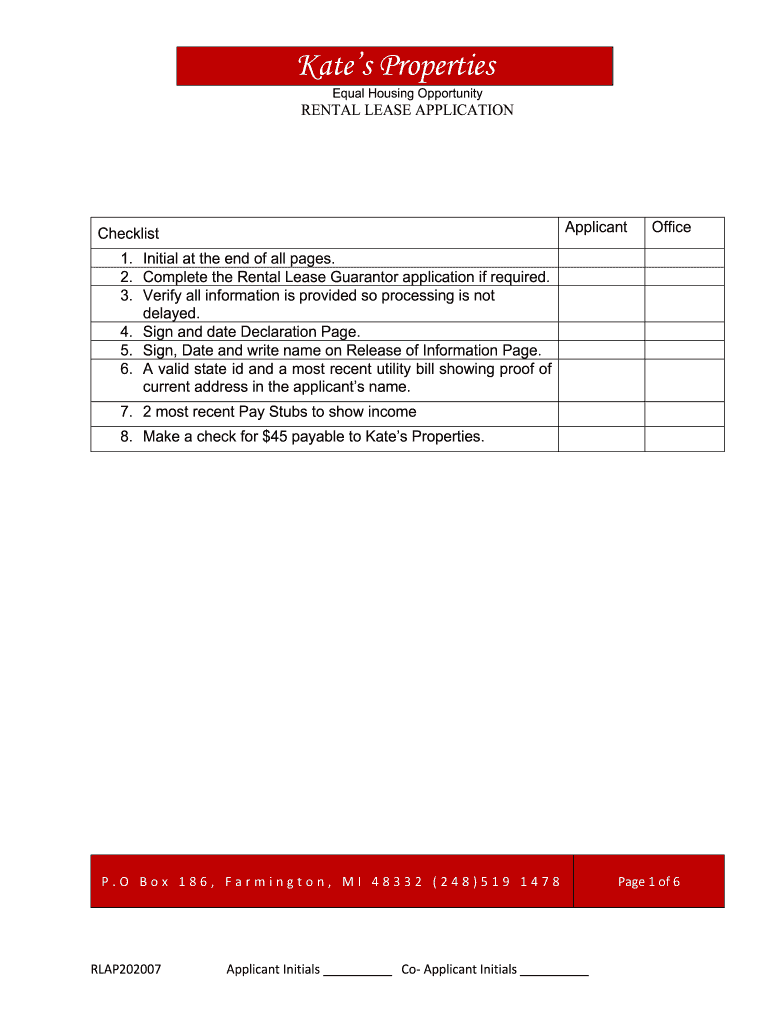  Rental Lease Application Form Kate's Properties 2020-2024