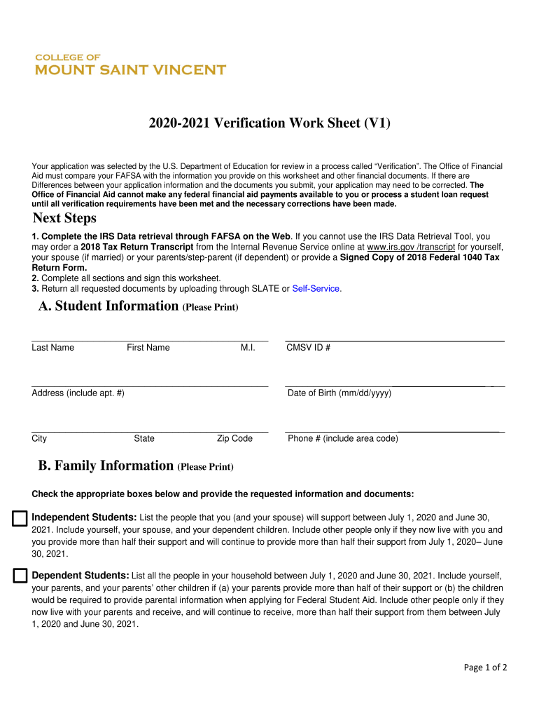  PDF Verification Work Sheet V1 College of Mount Saint 2020-2024