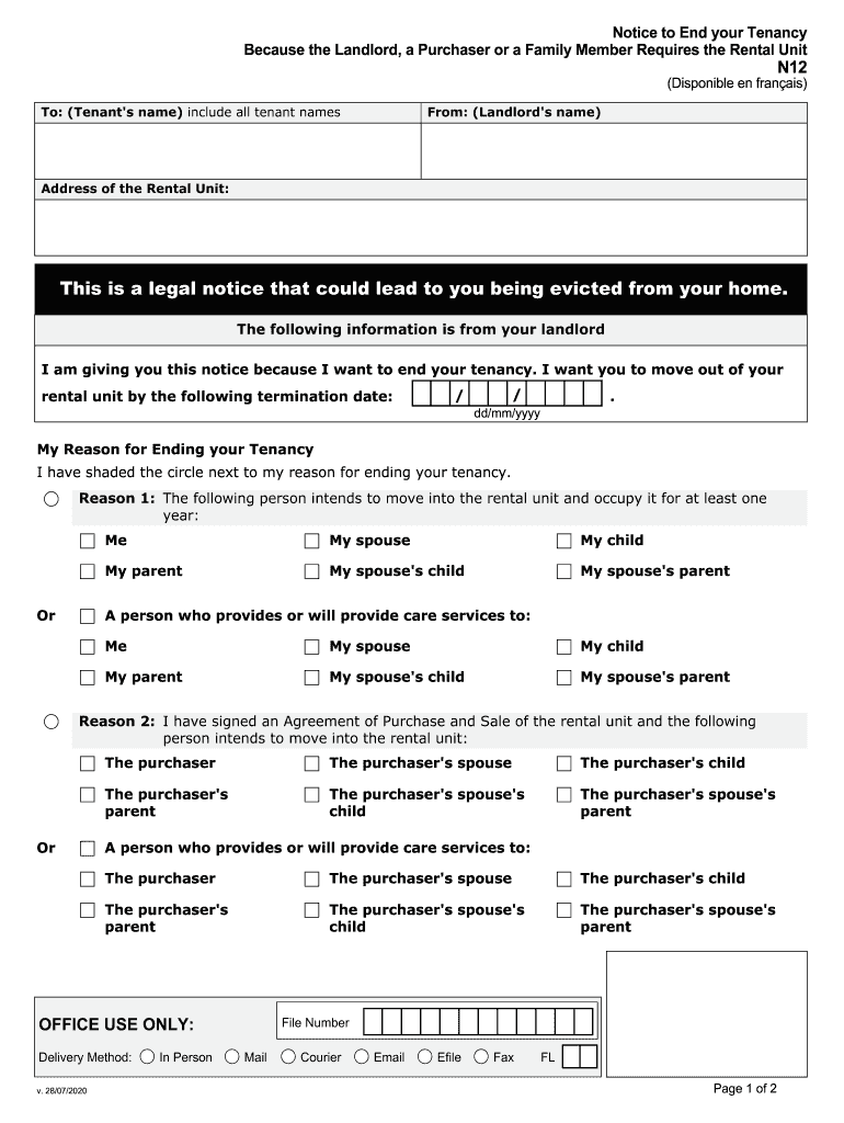 N12 Notice Tenancy Landlord  Form