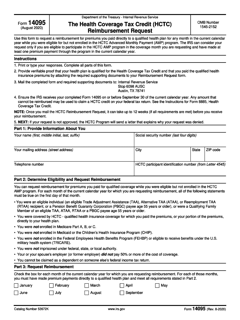  Form 14095 Rev 8 the Health Coverage Tax Credit HCTC Reimbursement Request 2020-2024