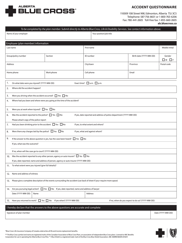 Accident Questionnaire ABC 55099 Alberta Blue Cross  Form