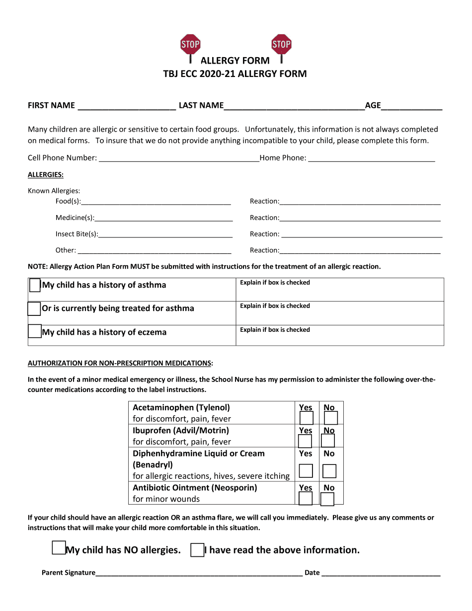  TBJ ECC 20 Allergy Form August DOCX 2020-2024