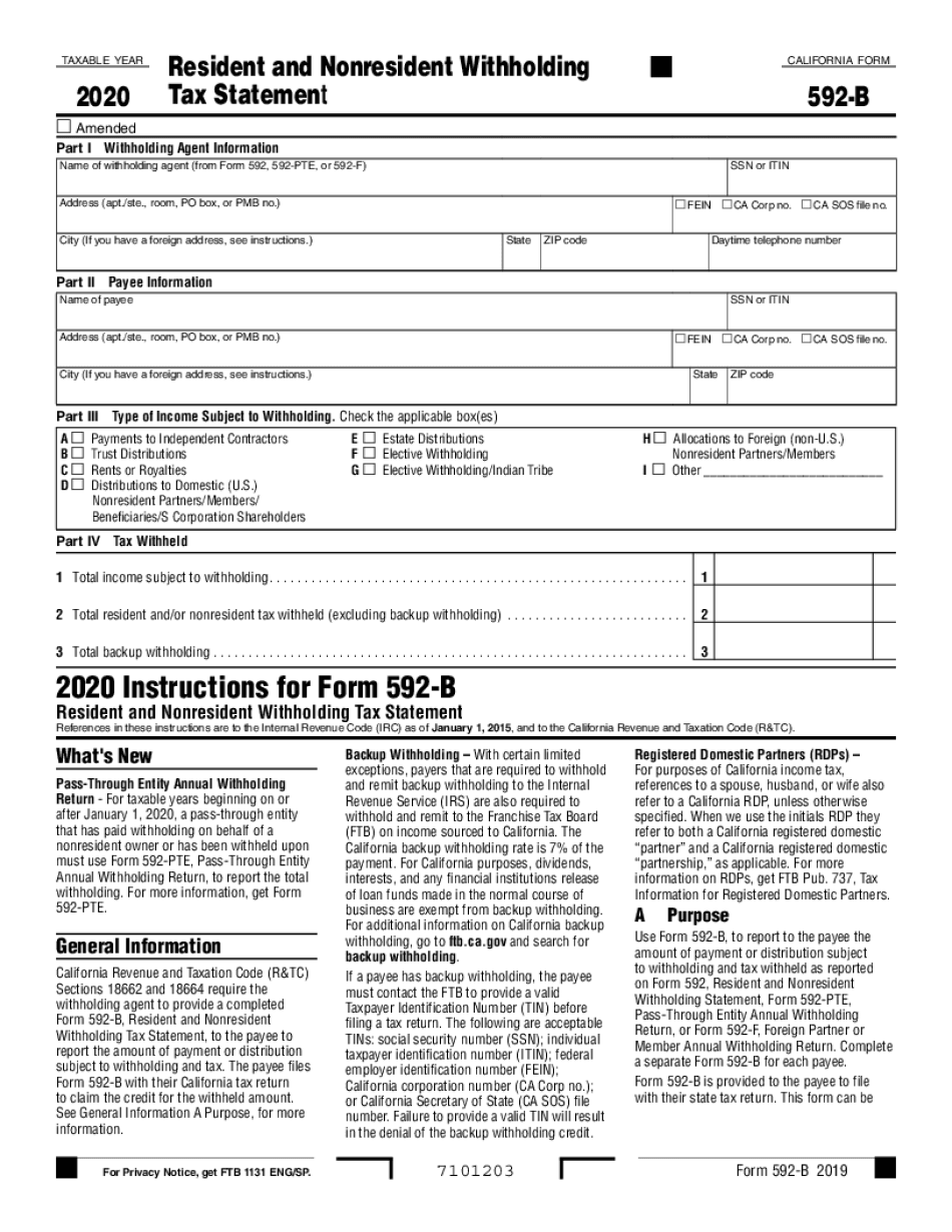  Form 592 B Resident and Nonresident Withholding , Form 592 B, Resident and Nonresident Withholding 2020