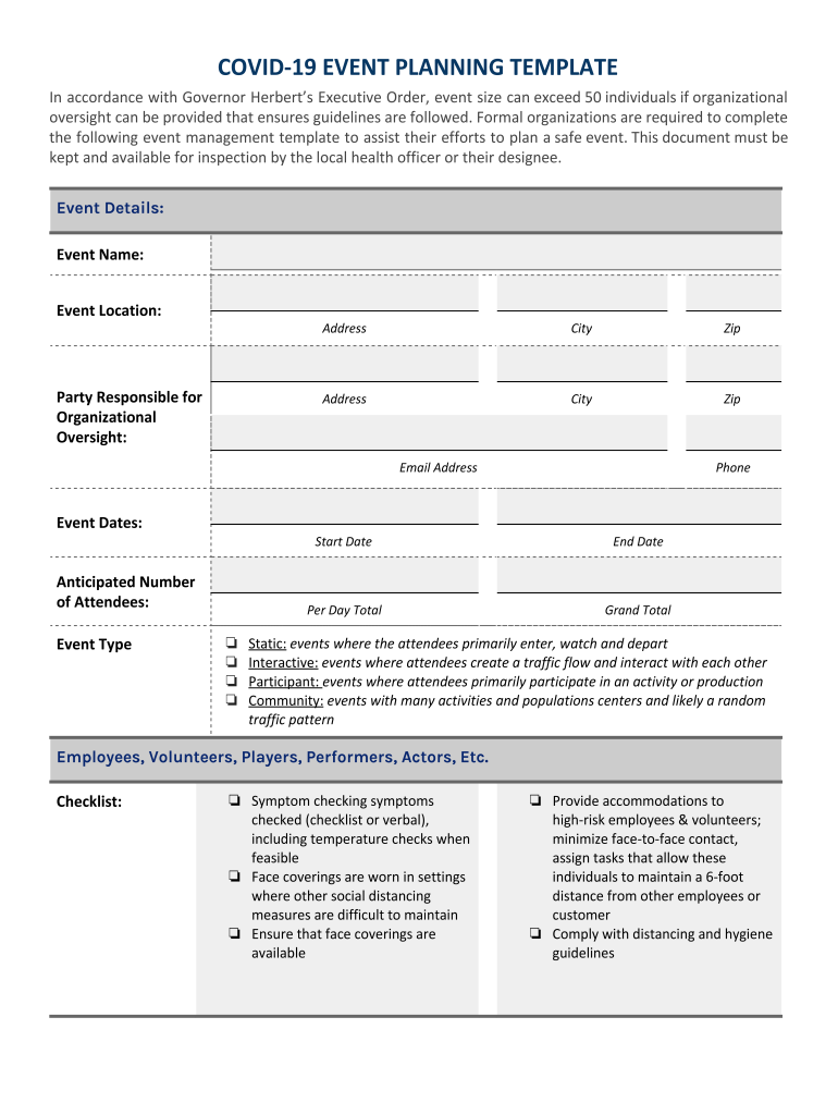 State of Utah COVID 19 Event Planning Template  Form