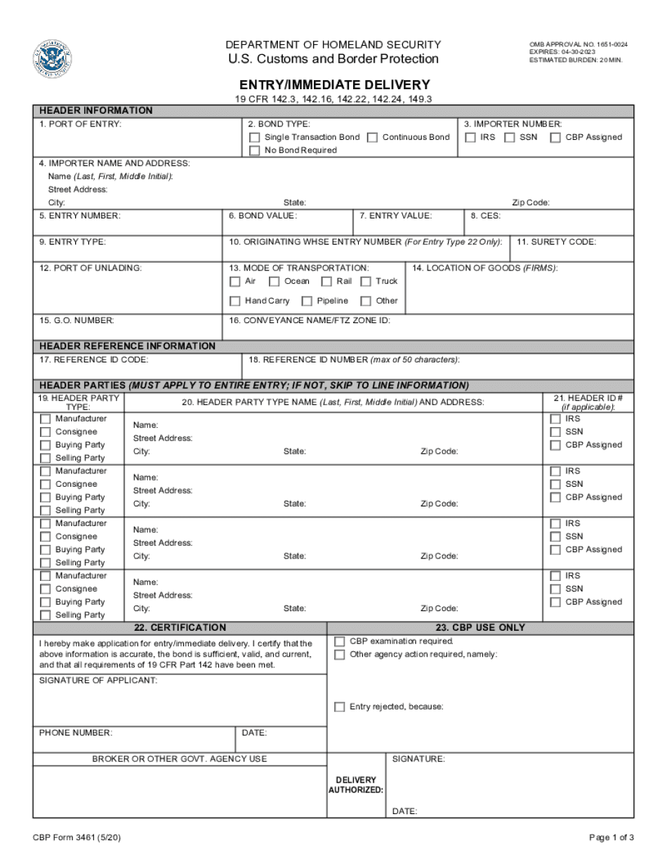 CBP Form 3461 ENTRY IMMEDIATE DELIVERY