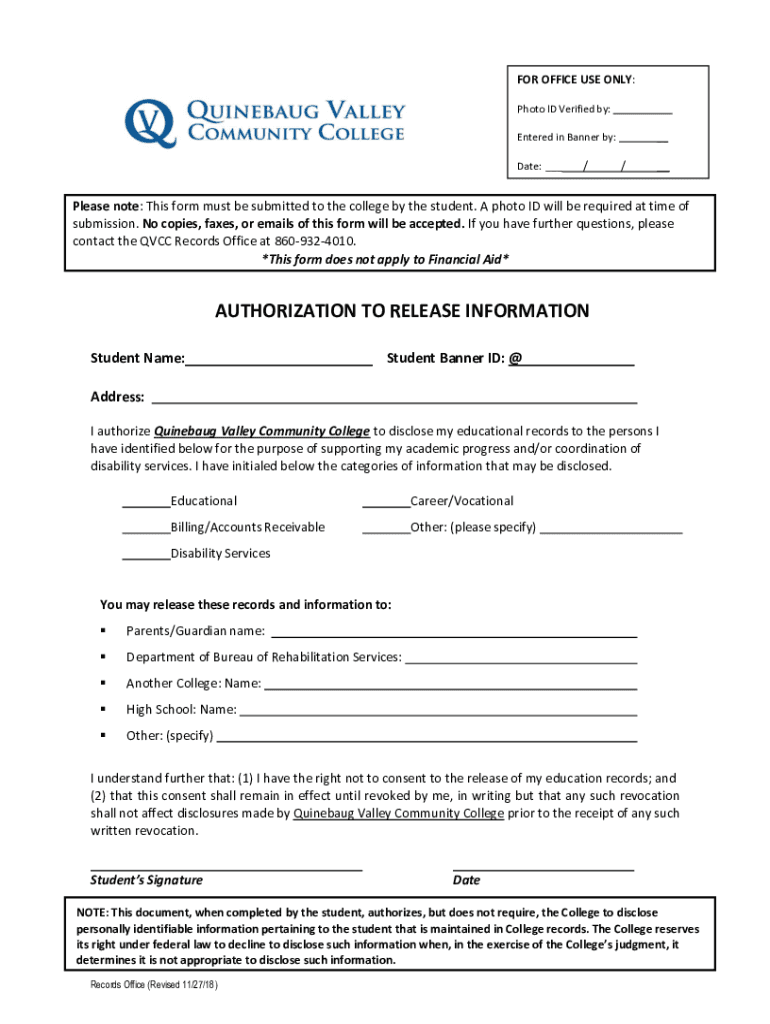 Quinebaug Valley Community College Authorization to Release Information FERPA