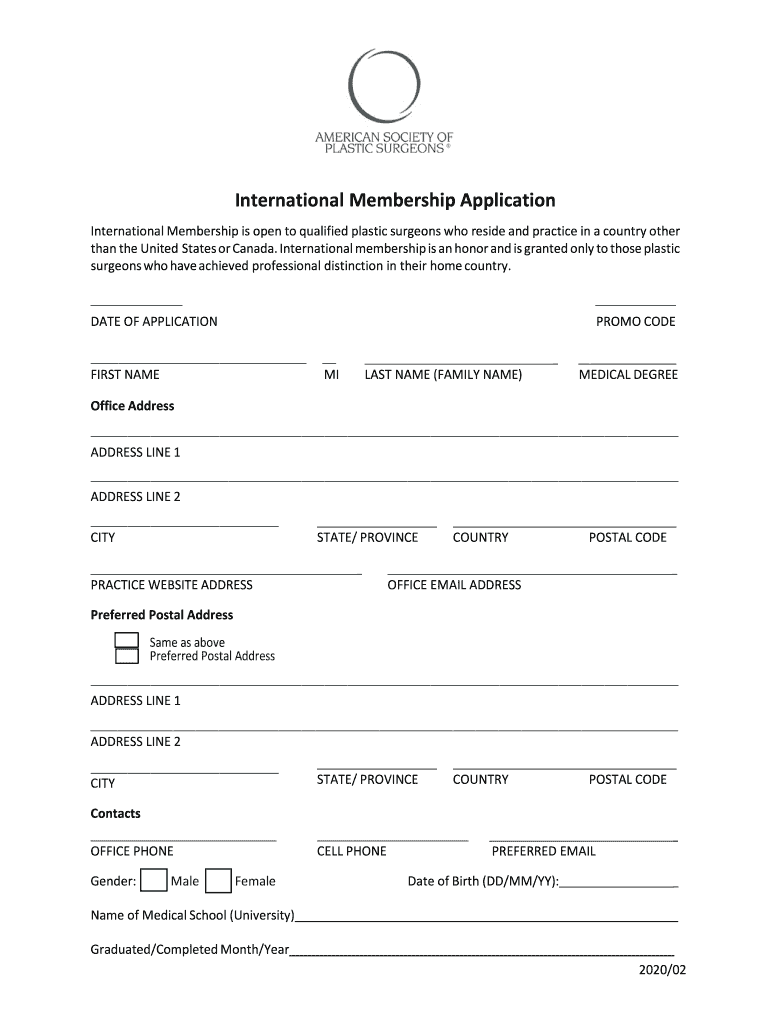 International Membership ApplicationAmerican Society of Plastic Surgeons  Form