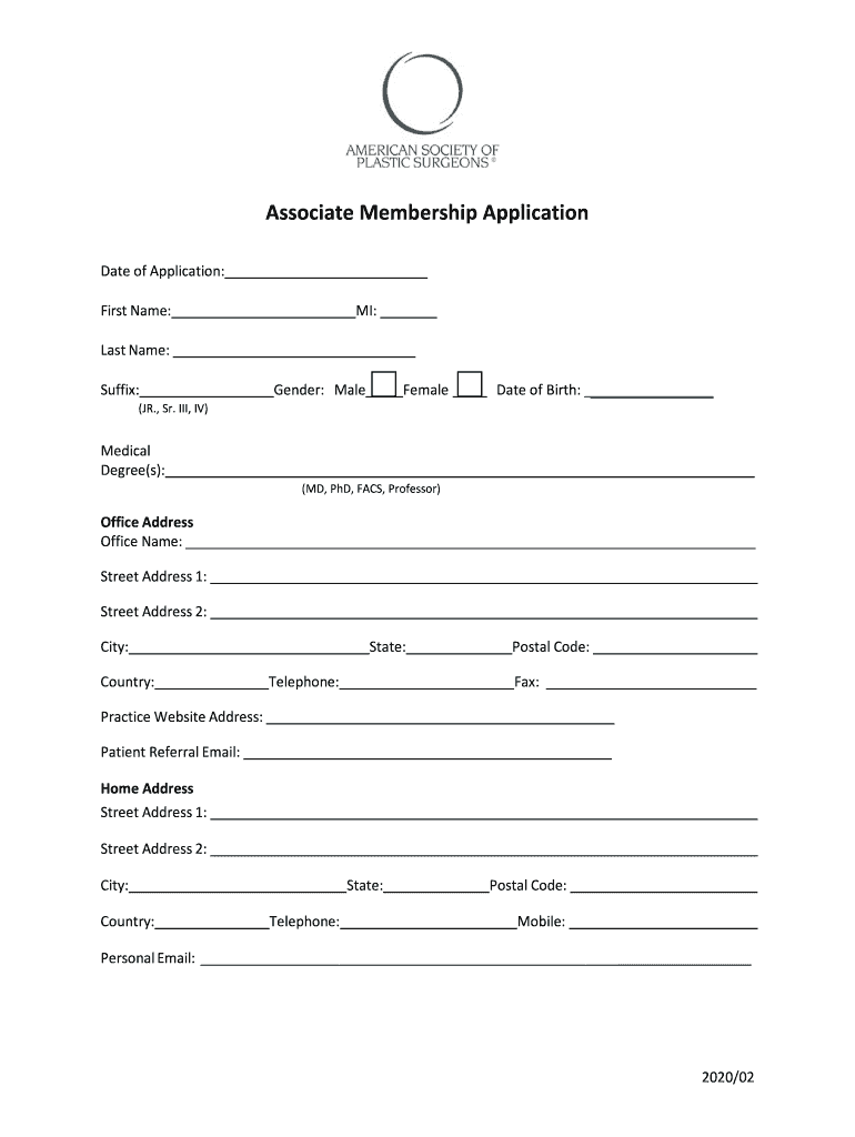 Associate Membership ApplicationAmerican Society of Plastic Surgeons Form