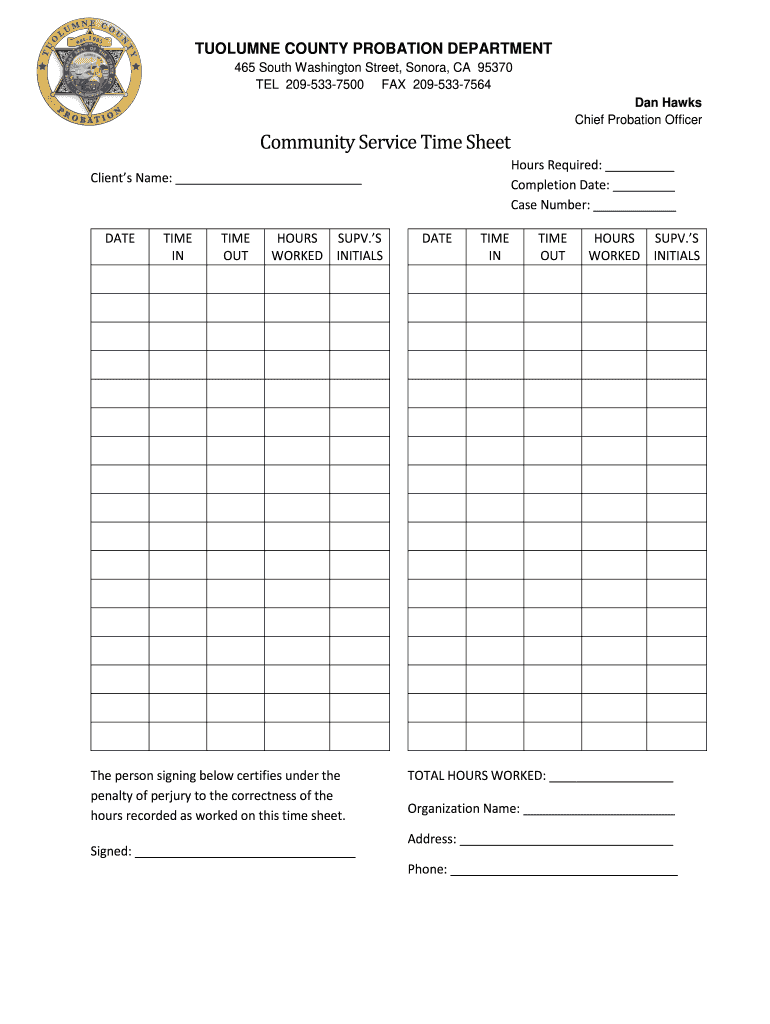 Juvenile Community Service Time Sheet  Form