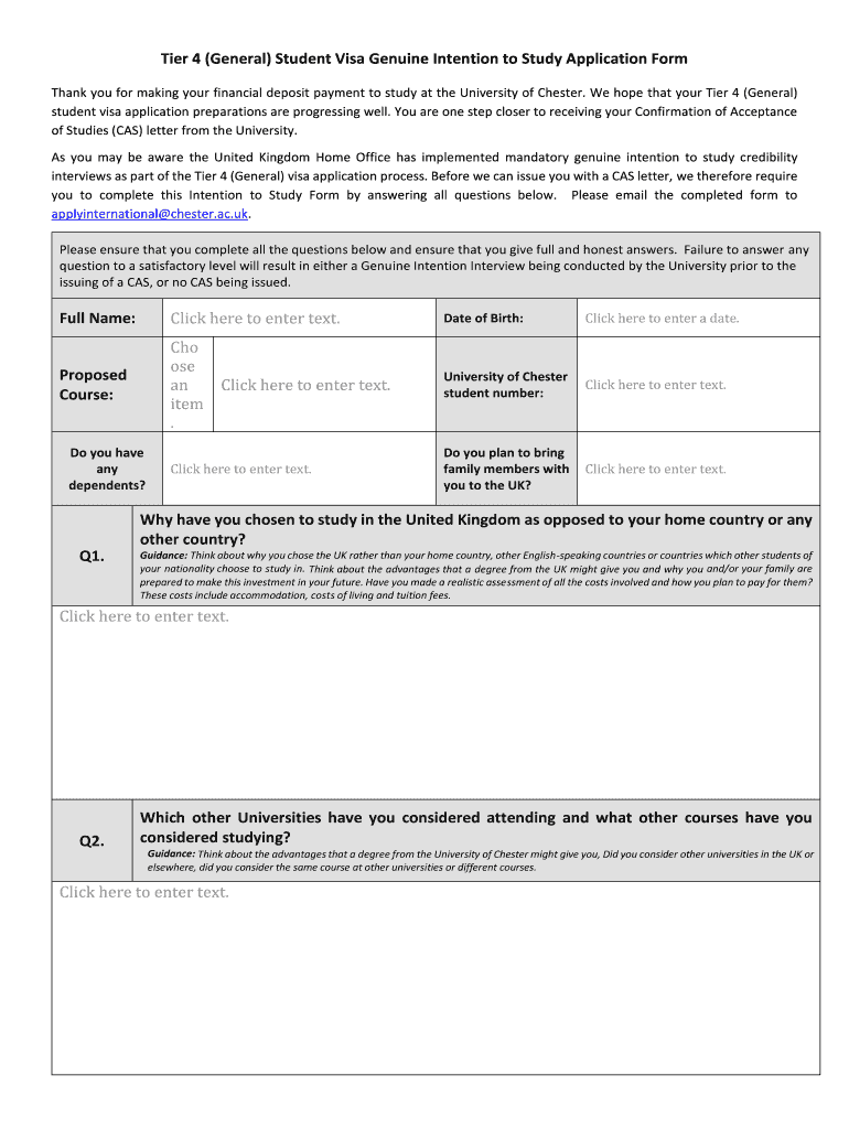 Genuine Intention to Study Form University of Chester