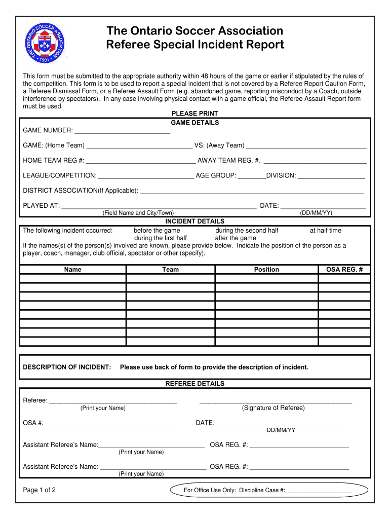 Canada OSA Referee Special Incident Report Form Ontario