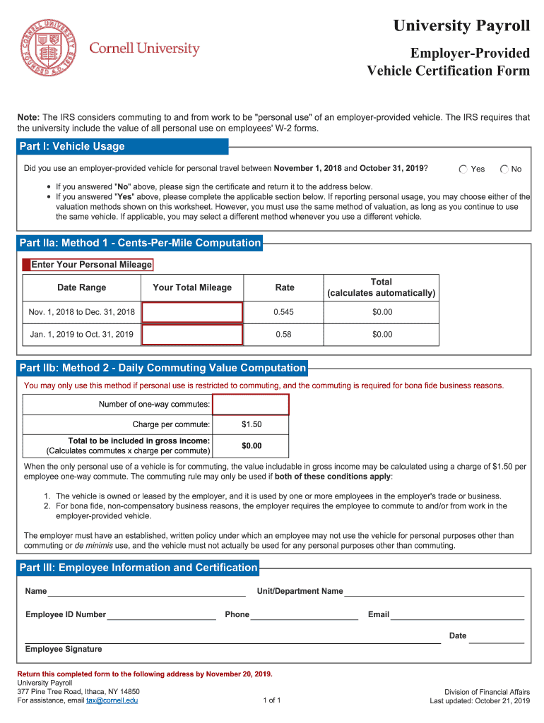 Get and Sign PDF Employer Provided Vehicle Certification Form DFA Cornell 2019-2022