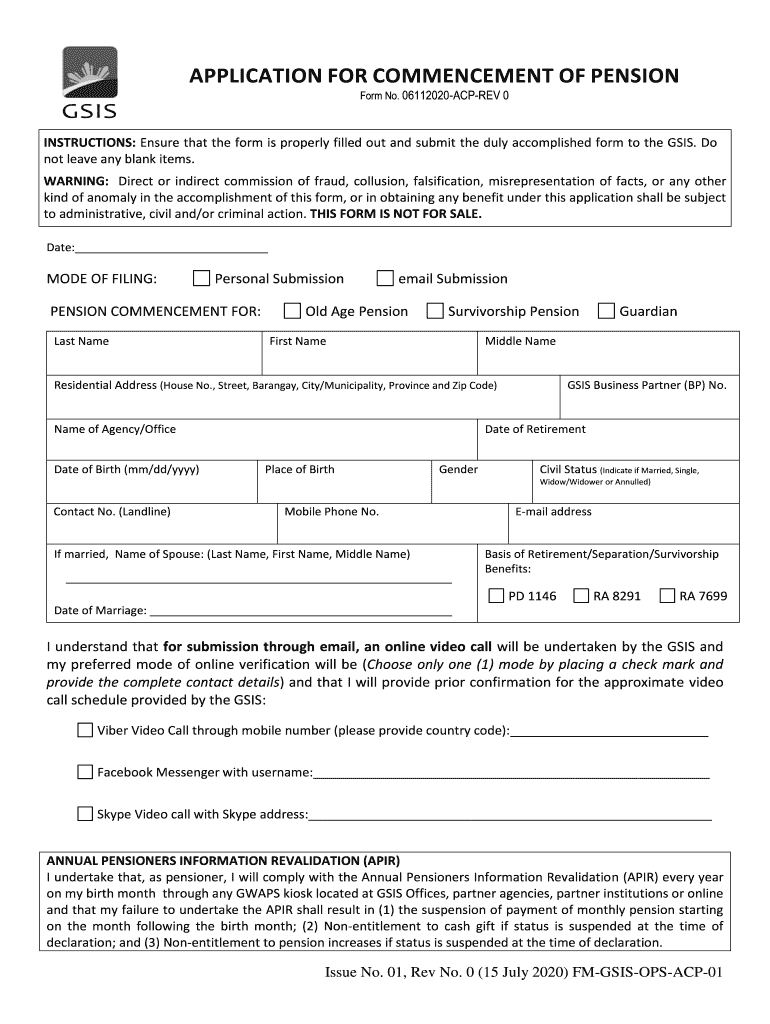 Application for Commencement of Pension  Form
