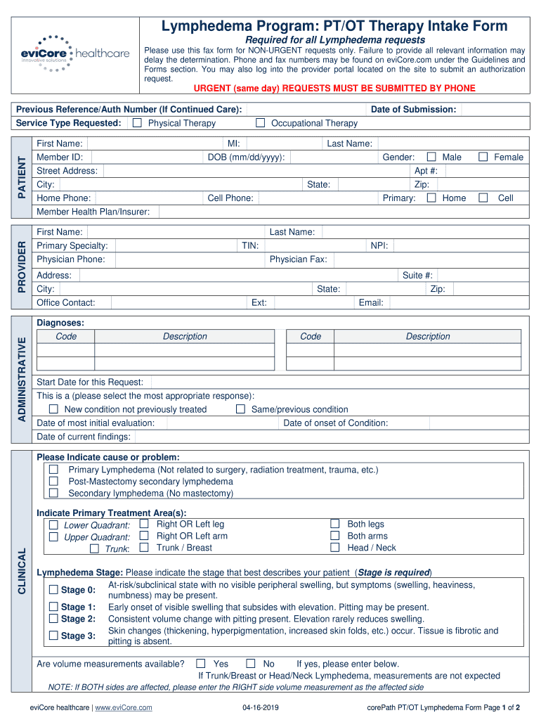  Lymphedema Program PTOT Therapy Intake Form EviCore 2019