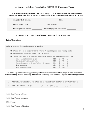 Arkansas Activities Association Covid Clearance Form