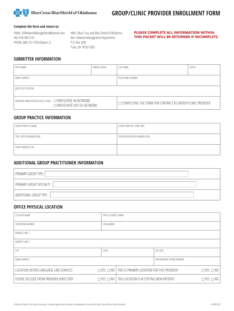  GroupClinic Provider Enrollment Form Blue Cross and Blue 2020-2024