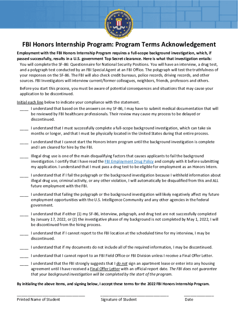 FBI Honors Internship Program Program Terms Acknowledgement  Form