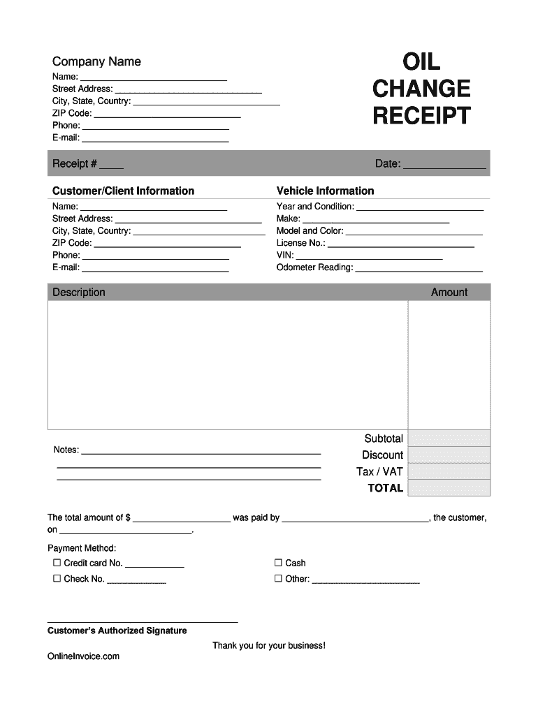 Oil Change Receipt  Form