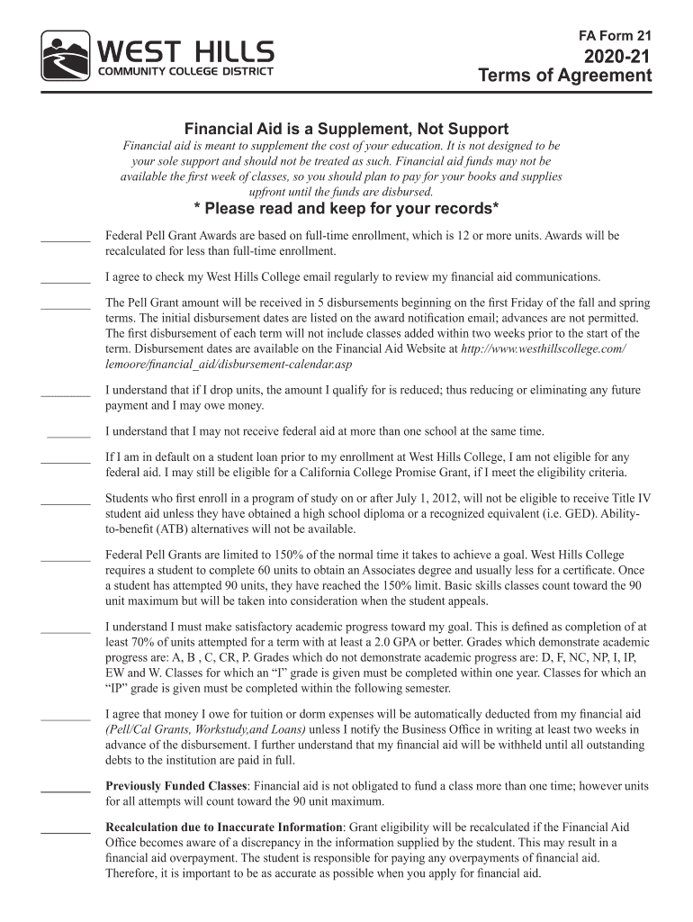 FA Form 21 Terms Of Agreement West Hills College Fill Out And Sign 