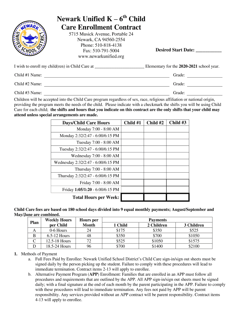 PDF Child Care Enrollment Contract Newark Unified School District  Form