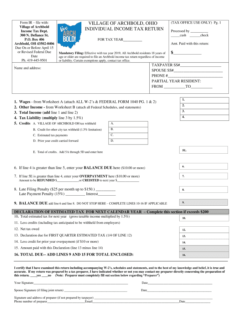 Archbold Income Tax  Form