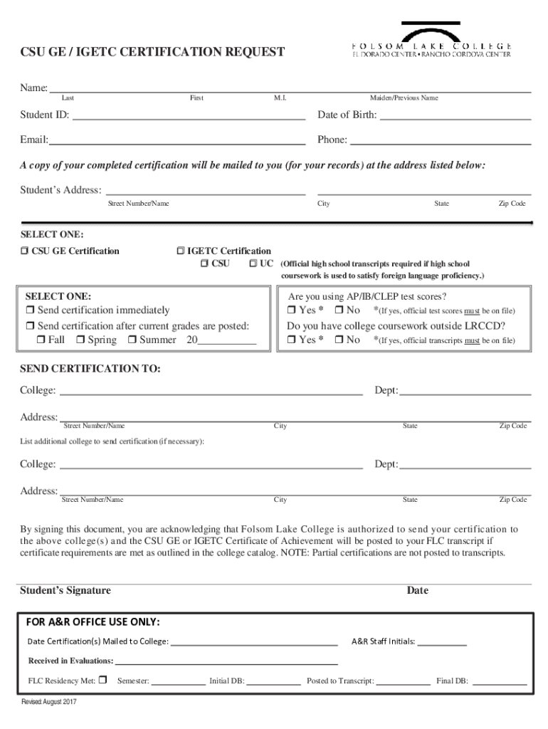 CSU GE IGE TC CERTIFICATION REQUEST Name LastFi  Form