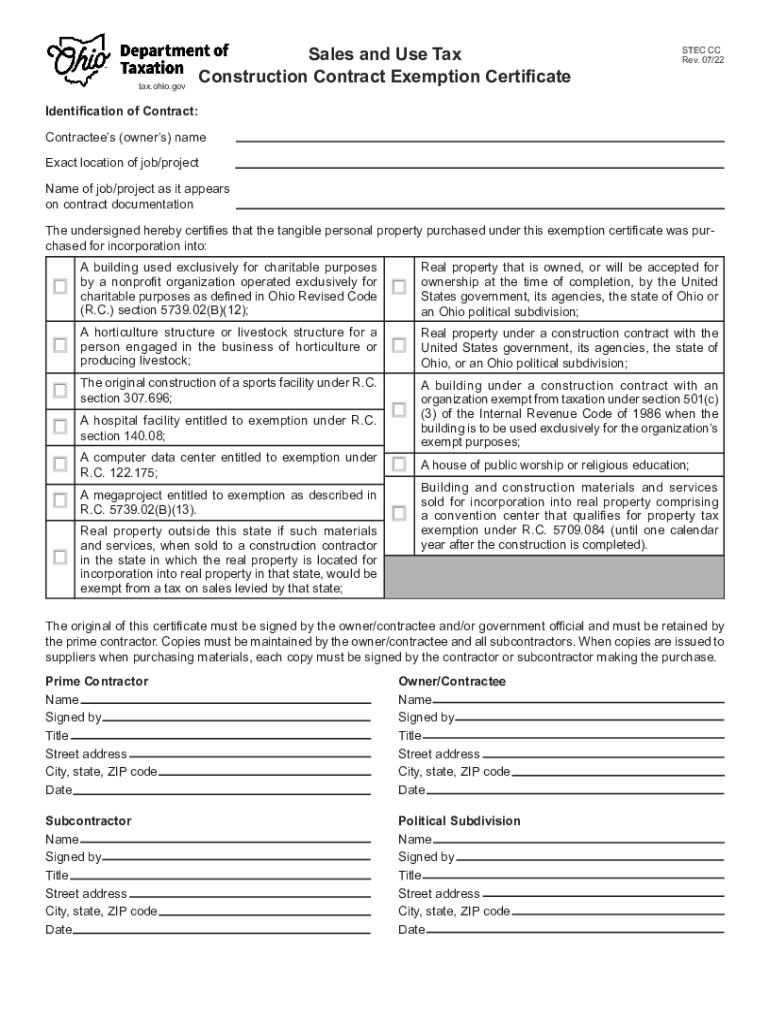 Sales and Use Tax Construction Contract Exemption Certificate  Form