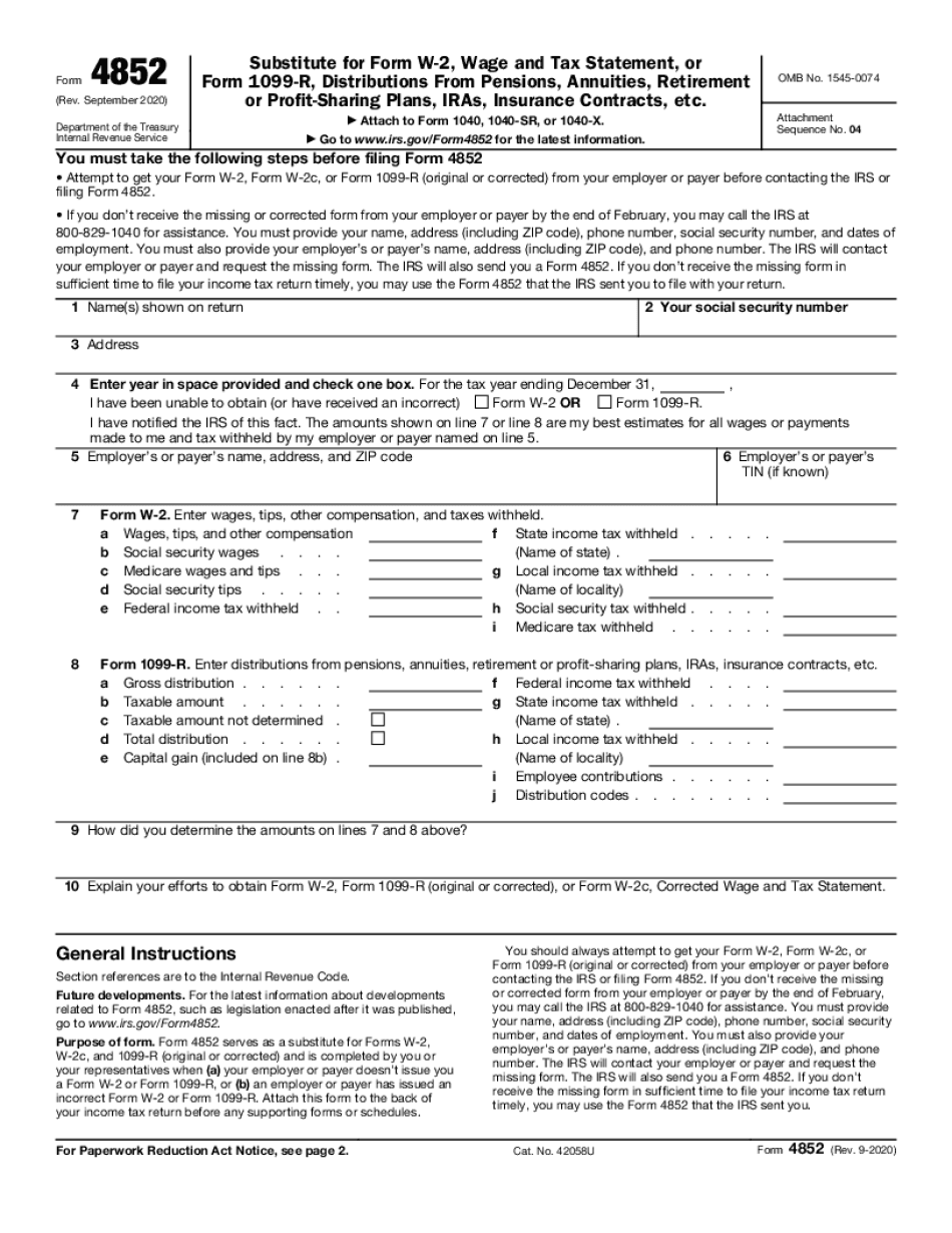  Form 4852 Rev September Substitute for Form W 2, Wage and Tax Statement, or Form 1099 R, Distributions from Pensions, Annuities, 2020-2024
