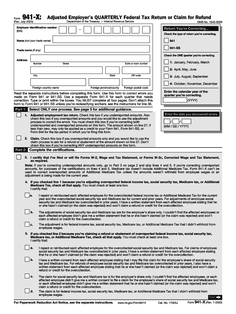 Form 941 X Rev July Adjusted Employer's Quarterly Federal Tax Return or Claim for Refund