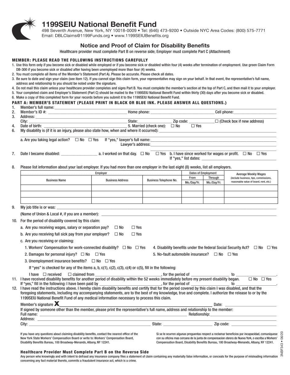 Get and Sign Notice and Proof of Claim for Disability Benefits Form1199SEIU Benefit Fund 2020