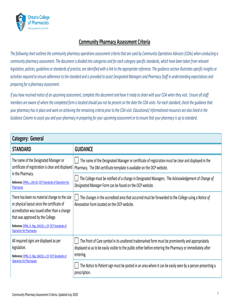  Community Pharmacy Assessment Criteria Category Ontario 2020