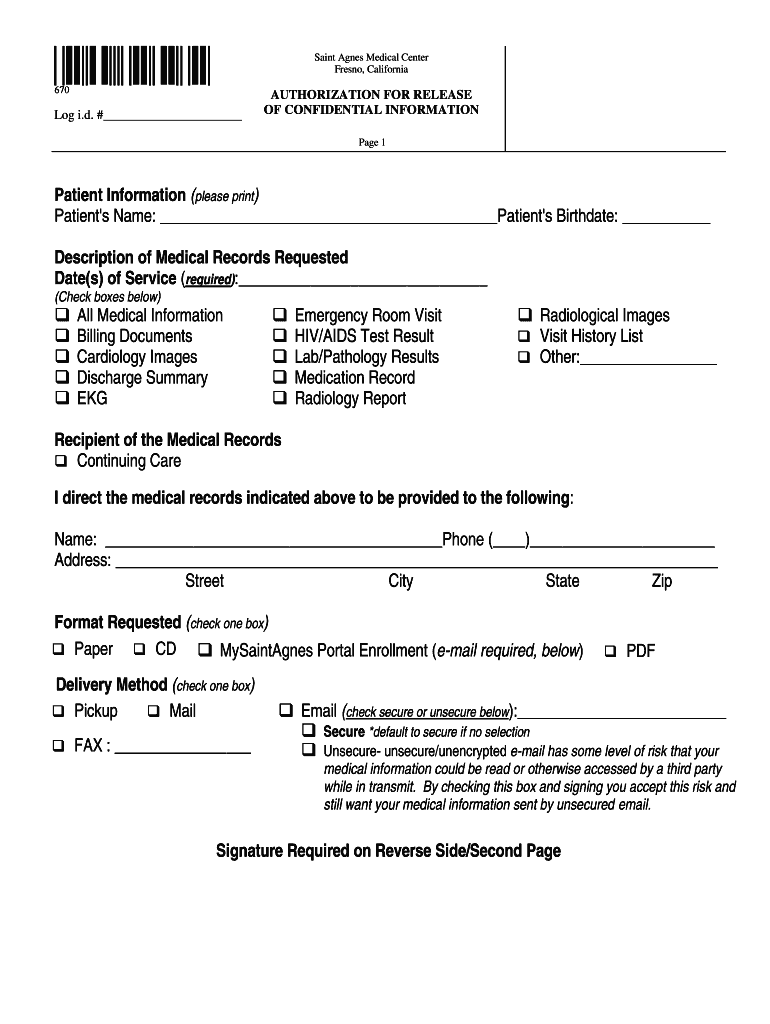 Authorization Form Saint Agnes Medical Center