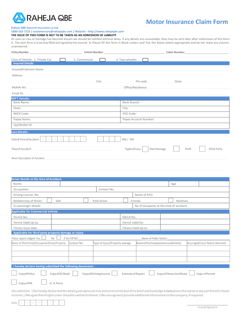 Raheja Motor Claim Form