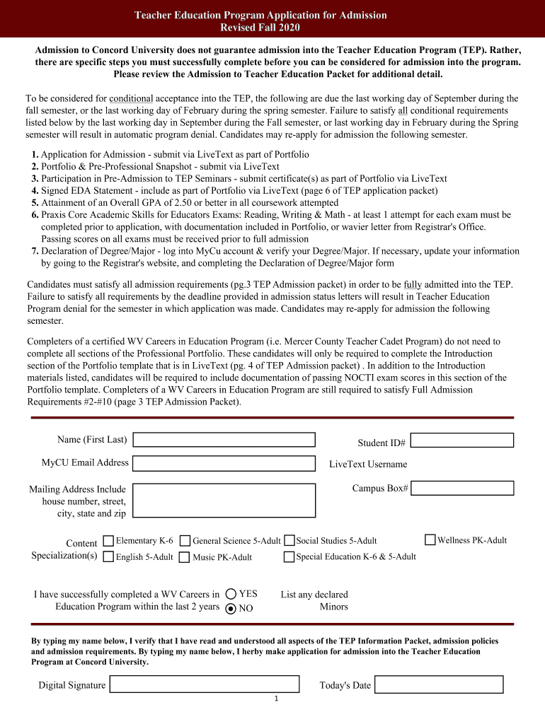 Teacher Education Program Application for Admission  Form