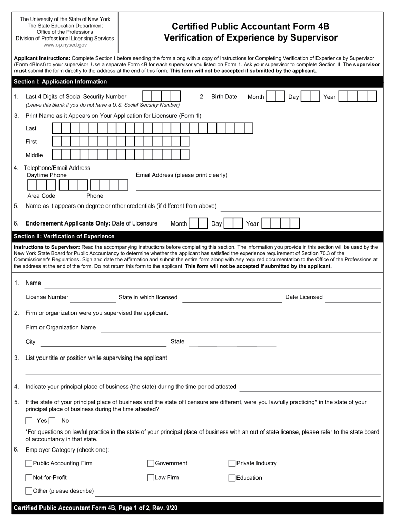  Certified Public Accountant Form 4B Verification of Experience by Supervisor 2020
