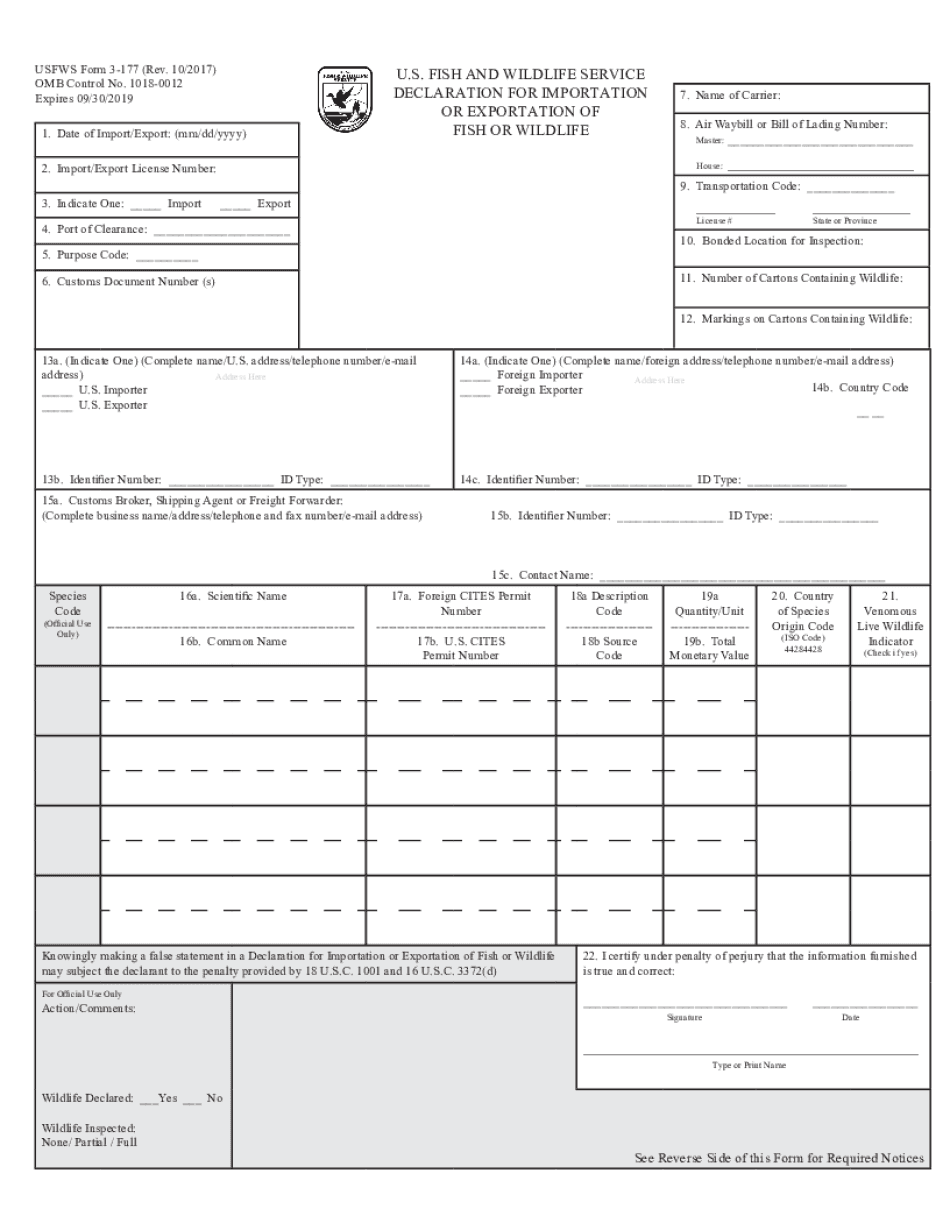  Wildlife Declaration Form 3 177 US Fish and Wildlife Service 2017-2024