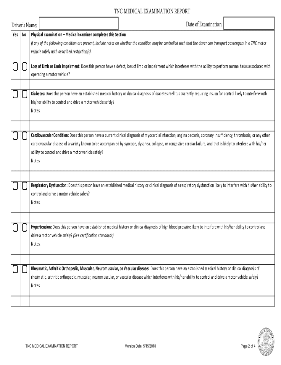 TNC MEDICAL EXAMINATION REPORT  Form