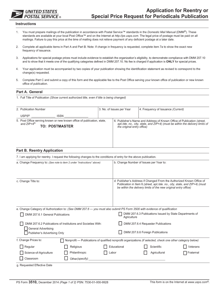  PS Form 3510 Application for Reentry or Special Price Request for Periodicals Publication PS Form 3510 Application for Reentry O 2006