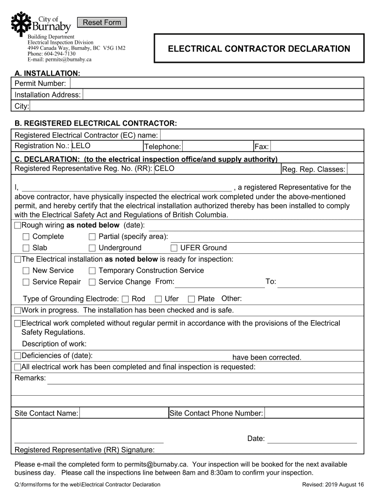 Electrical Contractor Declaration  Form