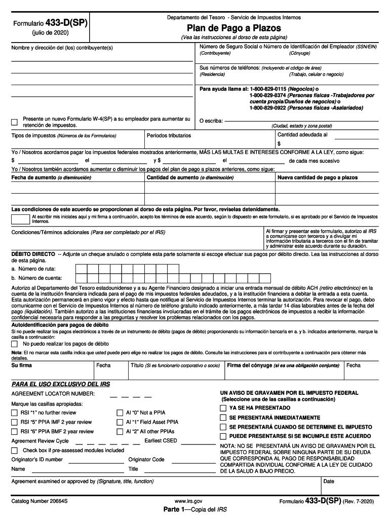  Form 433 DSP Rev 7 Installment Agreement Spanish Version 2020