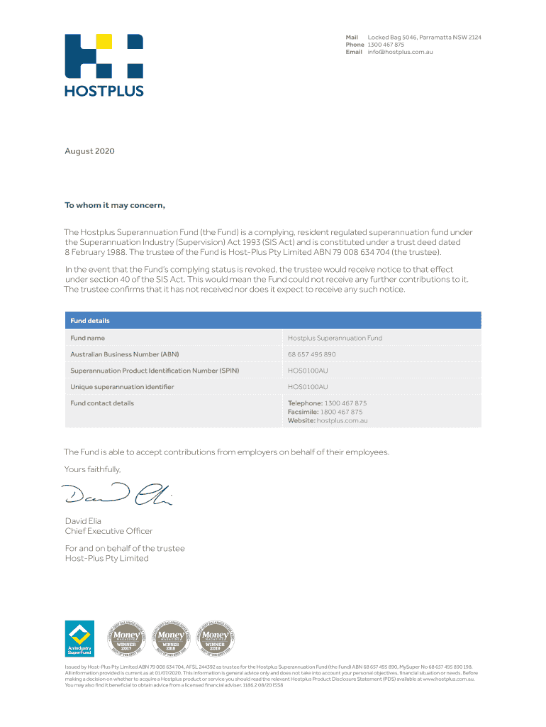 Hostplus Compliance Letter  Form