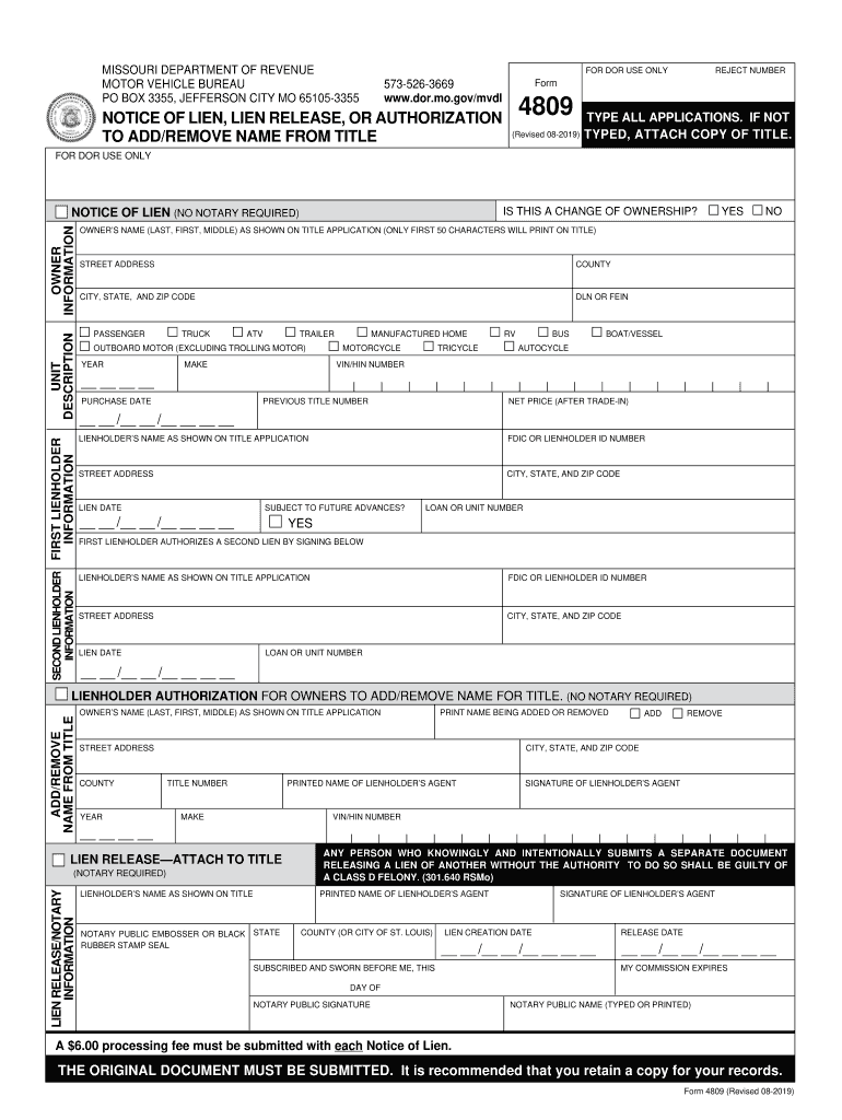  Form 4809 Notice of Lien, Lien Release, or Authorization to AddRemove Name from Title 2019-2024