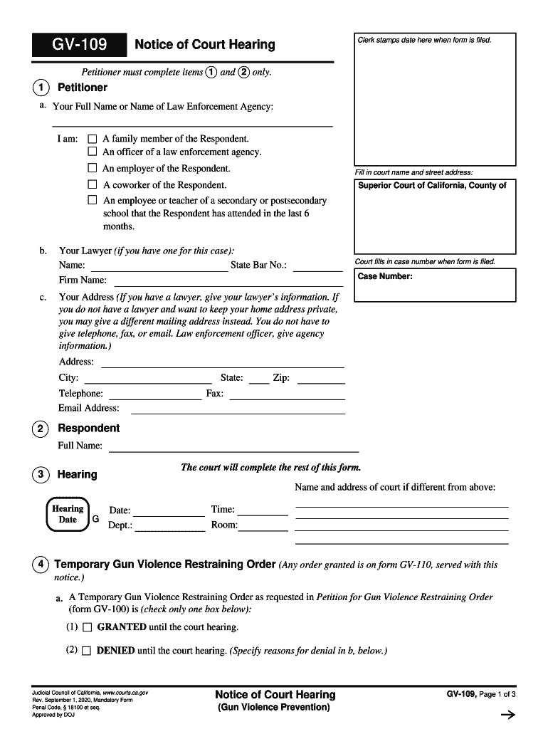  GV 109 Notice of Court Hearing California Courts CA Gov 2020