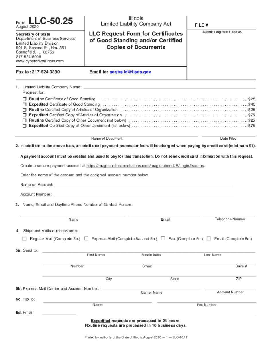 LLC Request Form for Certificates of Good Standing Andor Certified Copies of Documents