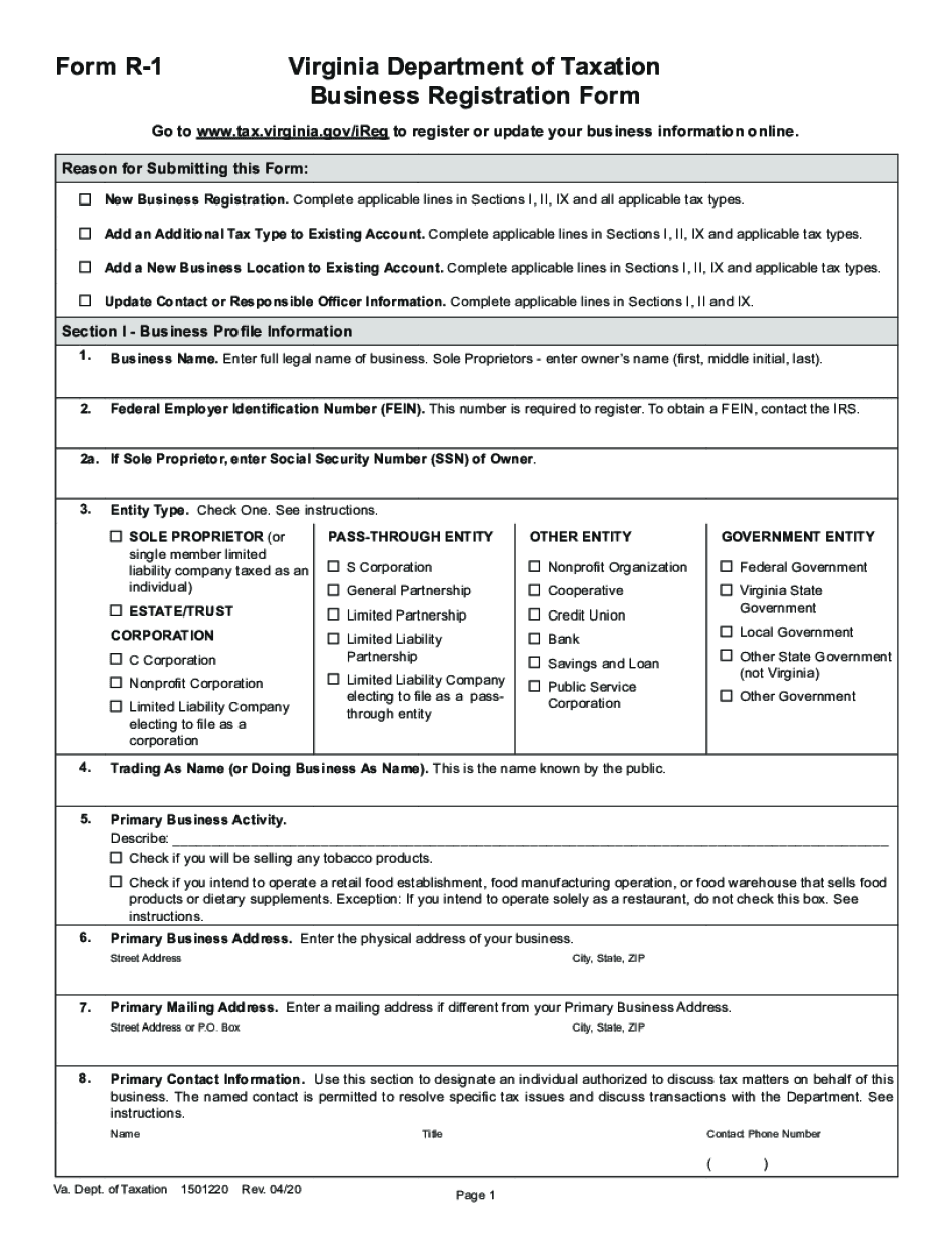  PDF Form R 1 Business Registration Application Instructions Virginia Tax 2020-2024